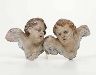 Coppia di Testine di Angioletti in Cartapesta Dipinta, XVIII Secolo