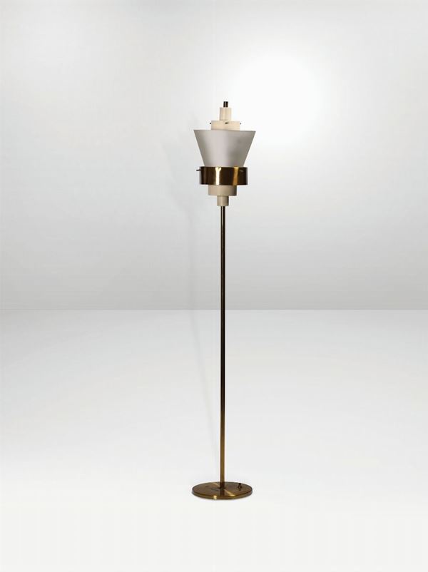 Stilnovo, a floor lamp with a brass structure and a metal and glass diffuser. Stilnovo Prod., Italy, 1950 ca.