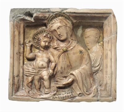 Bassorilievo in Marmo con Tracce di Doratura Raffigurante Madonna con Bambino e Santo. Arte Rinas...