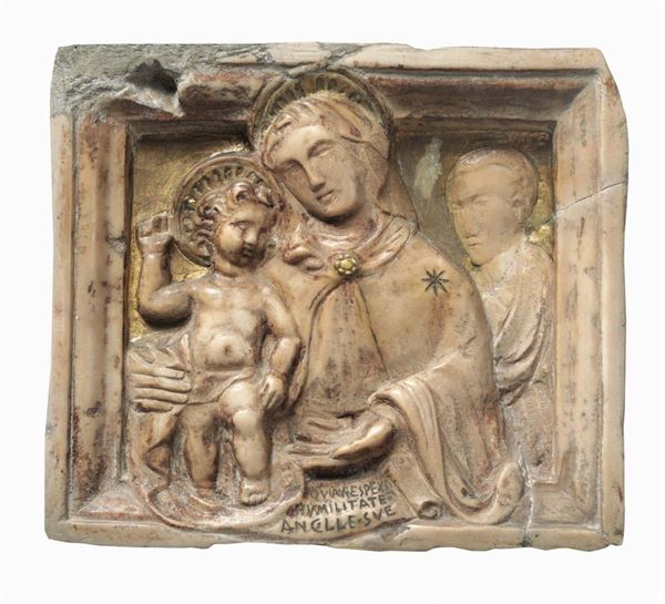 A marble bas-relief with traces of gilding, depicting a Madonna with Child and Saint. Renaissance art from Central-Southern Italy, second half of the 15th century