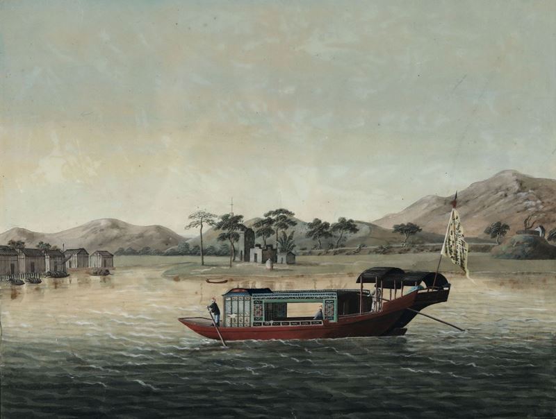 Dipinto a tempera raffigurante paesaggio cinese, XVIII-XIX secolo  - Auction Maritime Art and Scientific Instruments - II - Cambi Casa d'Aste