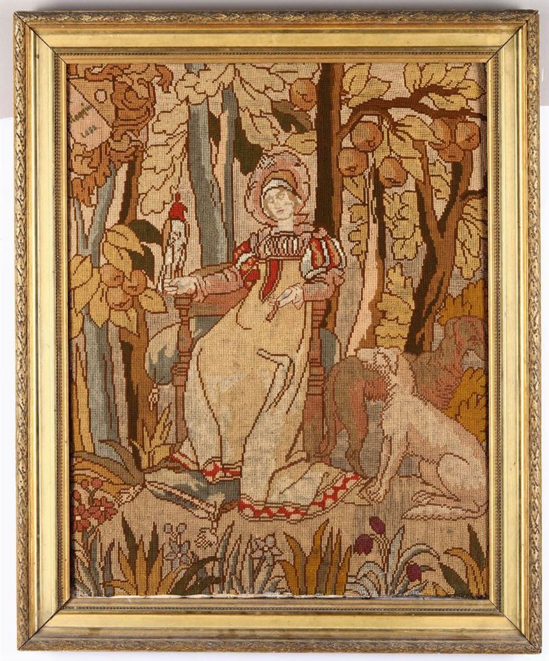 Pannello ricamato in cornice dorata, XIX secolo  - Asta Dipinti del XIX e XX Secolo - Cambi Casa d'Aste