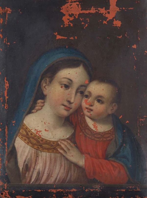 Lotto di due dipinti raffiguranti Madonna con Bambino e scena galante, XVIII secolo