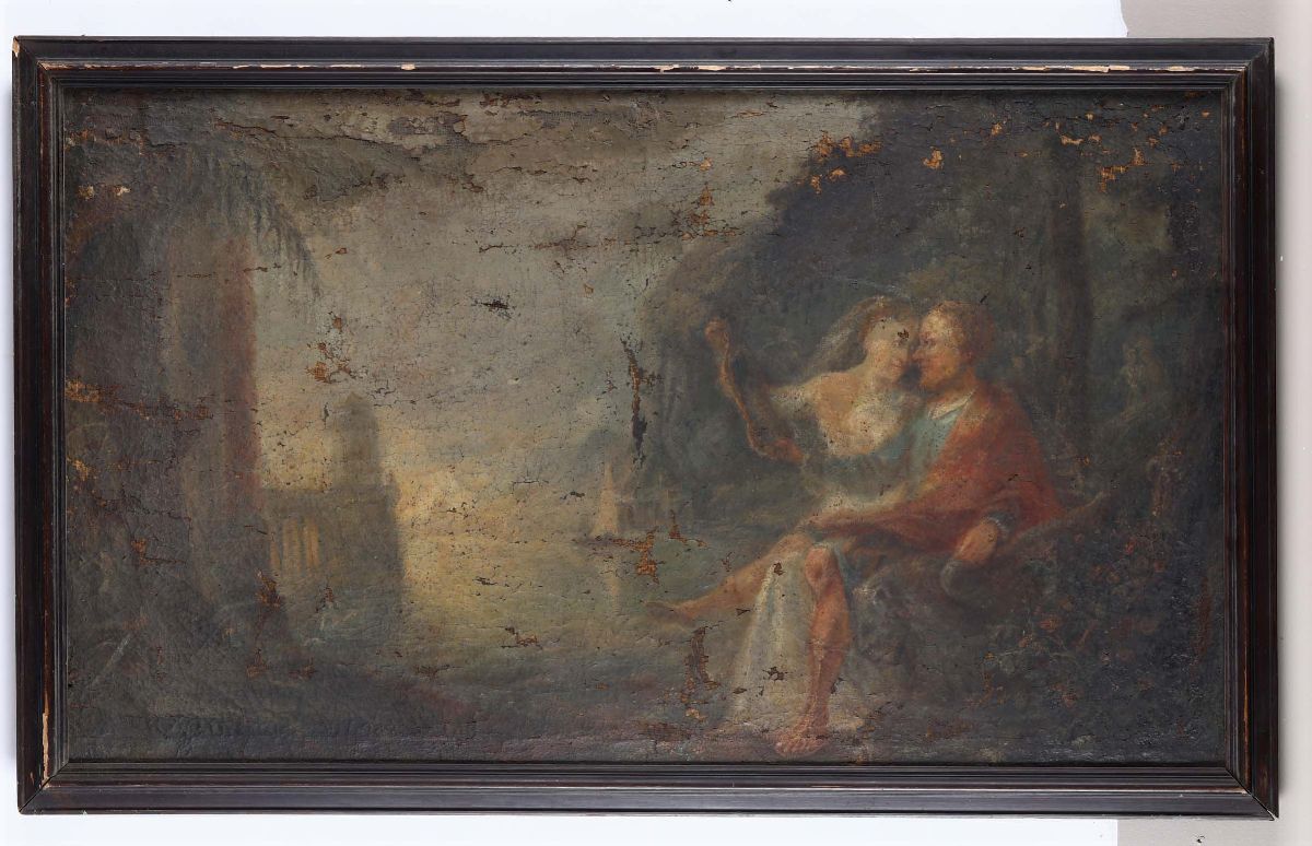 Lotto di Due Dipinti Raffiguranti Madonna con Bambino e Scena Galante, XVIII Secolo