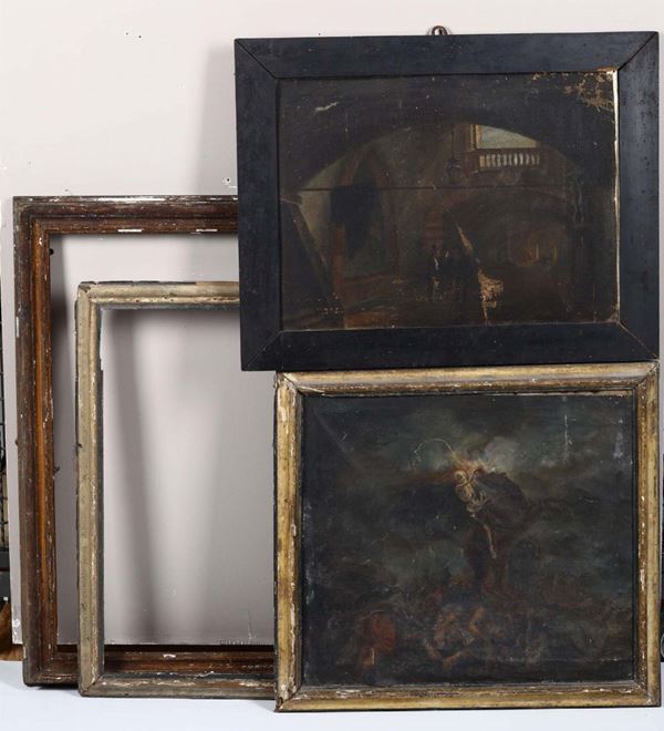 Lotto di due dipinti a olio su tela di soggetto diverso e due cornici