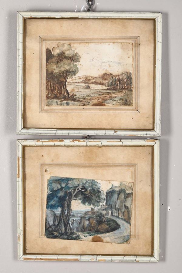 Lotto di 4 acquerelli su carta raffiguranti paesaggi, XVIII-XIX