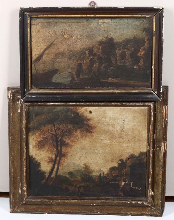 Lotto di 2 dipinti raffiguranti paesaggi con architetture e figure, XVIII secolo