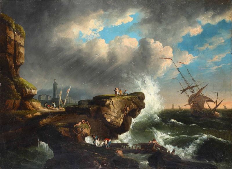 Joseph Vernet (1714-1789), seguace di Veduta costiera con naufragio  - Asta Dipinti Antichi - Cambi Casa d'Aste