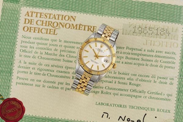 Rolex, Oyster Perpetual, Datejust, Superlative Chronometer, Officially Certified, case No. 1965184, Ref. 1625.  Fine and rare, center seconds, self-winding, water-resistant, steel and yellow gold wristwatch with date and a steel and yellow gold Rolex Jubilee bracelet with deployant clasp. Accompanied by the original COSC. Made circa 1969