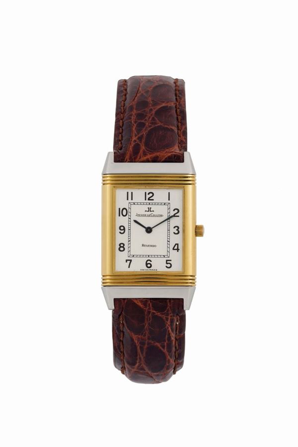 Jaeger-LeCoultre, Reverso. Fine and elegant, rectangular, 18K yellow gold and  stainless steel quartz reversible wristwatch with a stainless steel Jaeger-LeCoultre buckle. Made in the 1990's