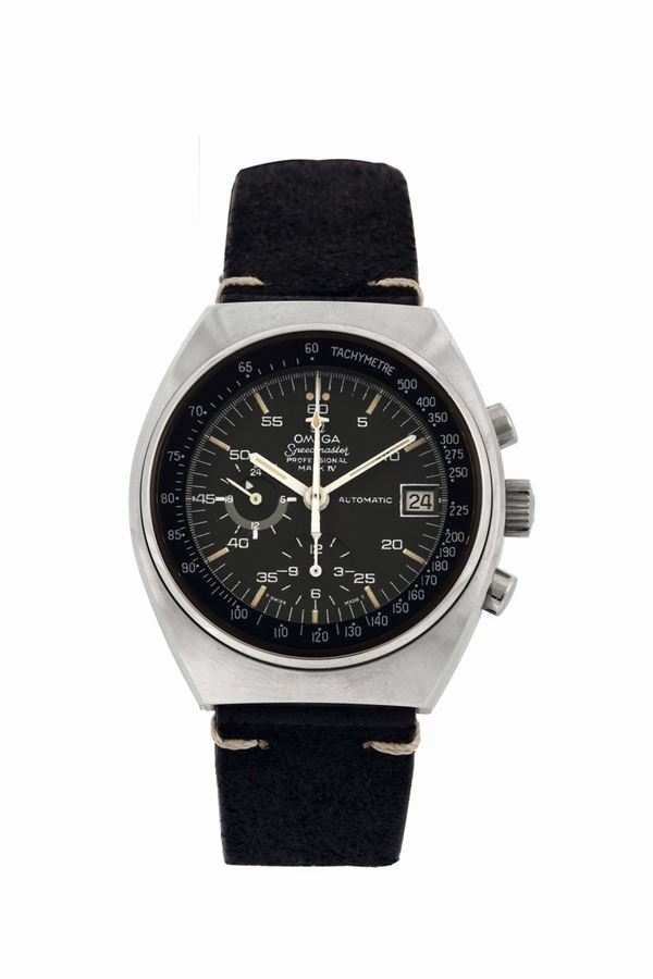 Omega,  Speedmaster, Automatic,  Ref. ST 176.009. Fine and rare, self-winding, water-resistant, tonneau shaped, stainless steel wristwatch with day, date, round button chronograph, 12-hour register, central minute recorder, tachometer and the 24 hours with night/day indication. Made circa 1970