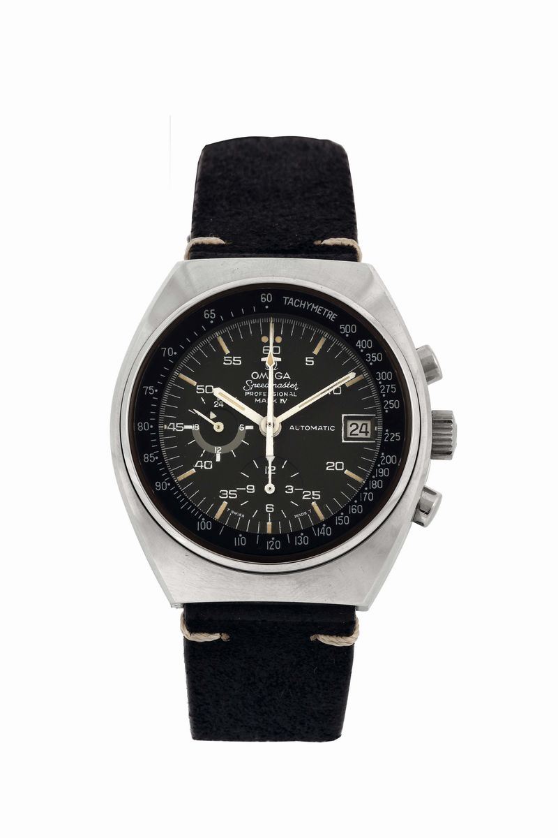 Omega,  Speedmaster, Automatic,  Ref. ST 176.009. Fine and rare, self-winding, water-resistant, tonneau shaped, stainless steel wristwatch with day, date, round button chronograph, 12-hour register, central minute recorder, tachometer and the 24 hours with night/day indication. Made circa 1970  - Auction Watches and Pocket Watches - Cambi Casa d'Aste
