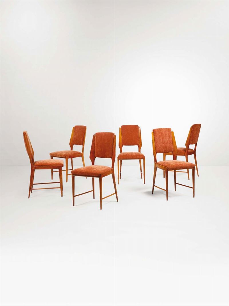 Sei sedie con struttra in legno di pero e rivestimenti in tessuto.  - Auction Design II - II - Cambi Casa d'Aste