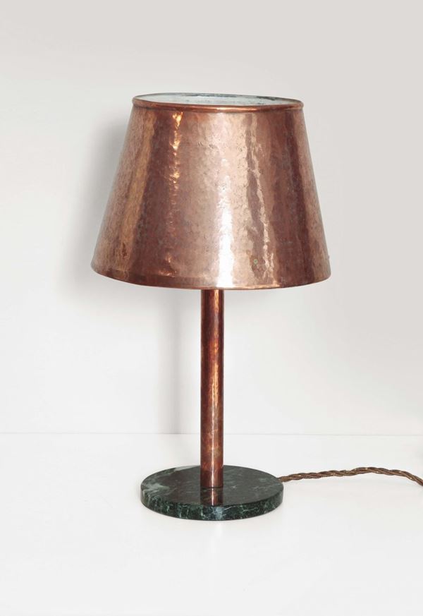 Franco Albini (attribution), a table lamp with a marble base. Copper structure and shade. Chosen for the furnishings of Casa C. Milano. Italy, 1950 ca.