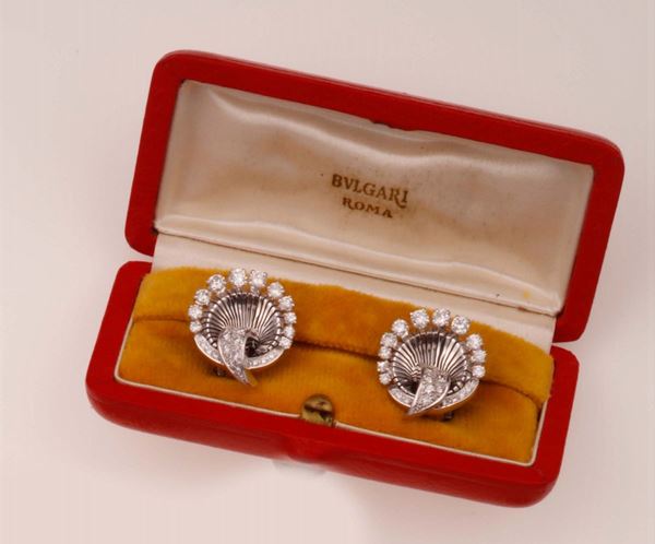 Pair of diamond and platinum earrings. Signed Bulgari. Fitted case