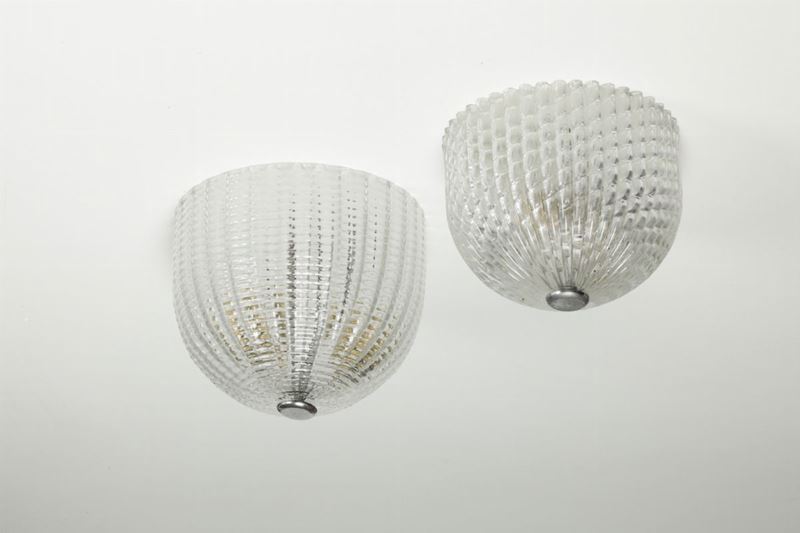 Venini, a pair of plafond lamps with a metal structure and Murano glass shades. Venini Prod.). Italy, 1950 ca.  - Auction Design II - II - Cambi Casa d'Aste