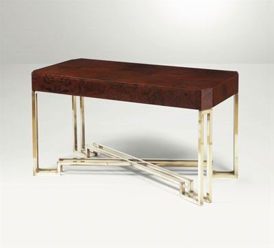Scrivania con Struttura in Ottone e Piano in Radica.