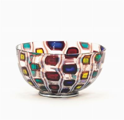 Barovier & Toso, Coppa in vetro soffiato “Diamantati” con decoro di perle, Murano, ca. 1968