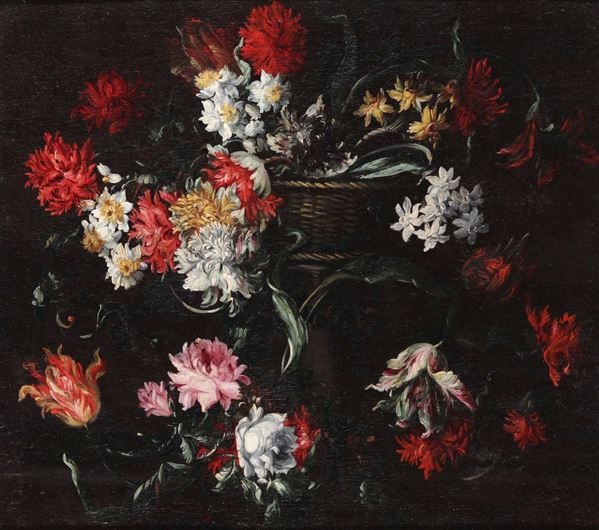Margherita Caffi (Cremona 1650- Milano 1710) Cesta di fiori su piedistallo