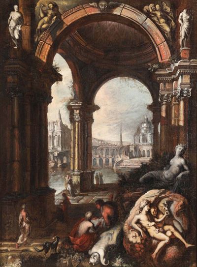 Scuola Romana del XVII Secoloveduta Fantastica con Scena Allegorica