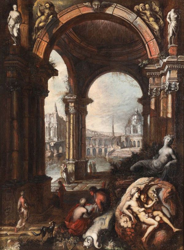 Scuola romana del XVII secolo Veduta fantastica con scena allegorica