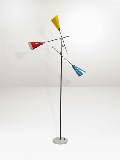 Lampada da Terra con Struttura in Ottone, Base in Marmo e Diffusori in Alluminio Verniciato Orien...