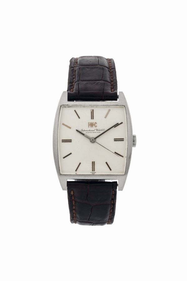 IWC, International Watch Co.,  case No. 1857529. Fine, square, center seconds, 18K white gold wristwatch. Accompanied by the original box. Made circa  1960