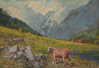 Cesare Bentivoglio (genova 1868-1952)mucca al Pascolo