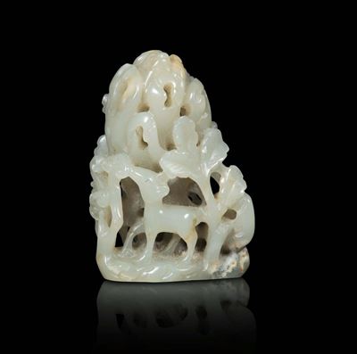 Gruppo in Giada Bianca Raffigurante Cerbiatti tra gli Alberi, Cina, Dinastia Ming, XVII Secolo