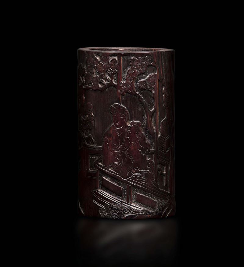 Portapennelli in legno di bamboo inciso con figure di Guanyin, Cina, Dinastia Qing, XVIII secolo  - Asta Fine Chinese Works of Art - I - Cambi Casa d'Aste