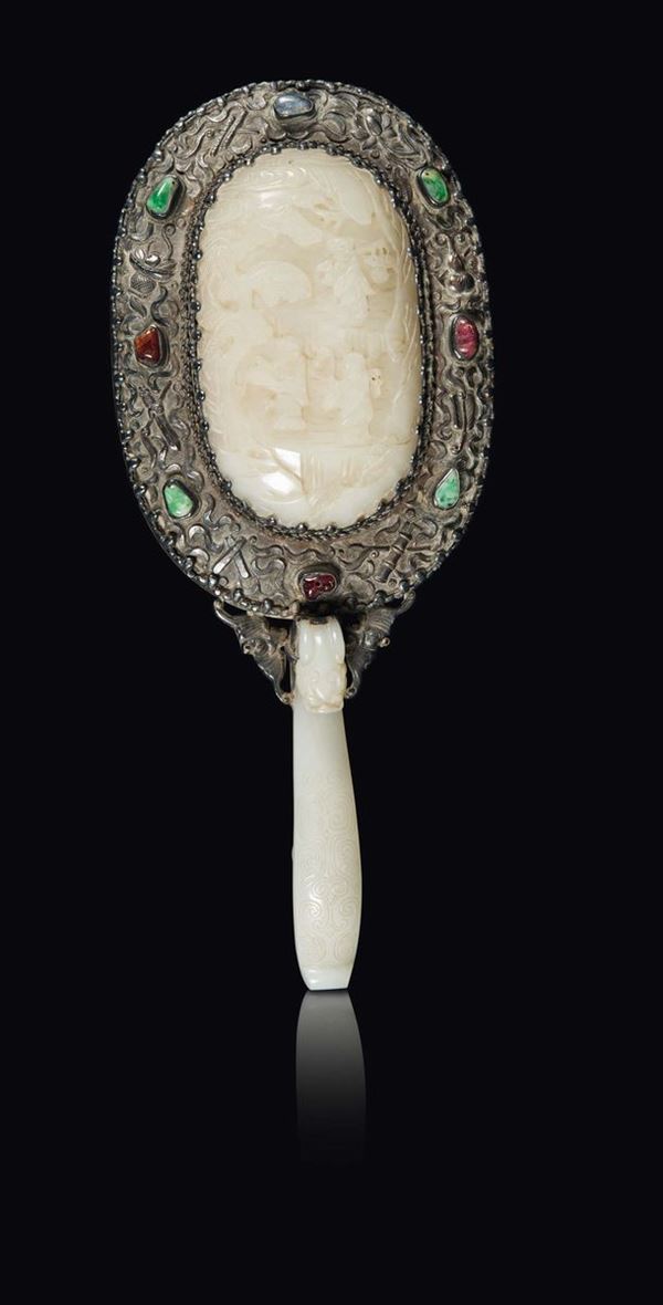A mirror with a white jade plaque with figures, semiprecious stone inlays and a handle with a dragon-shaped buckle, China, Qing Dynasty, Qianlong period (1736-1796)