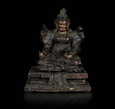 Importante e Rara Figura di Guardiano in Legno di Zitan con Tracce di Policromia e Doratura, Cina...