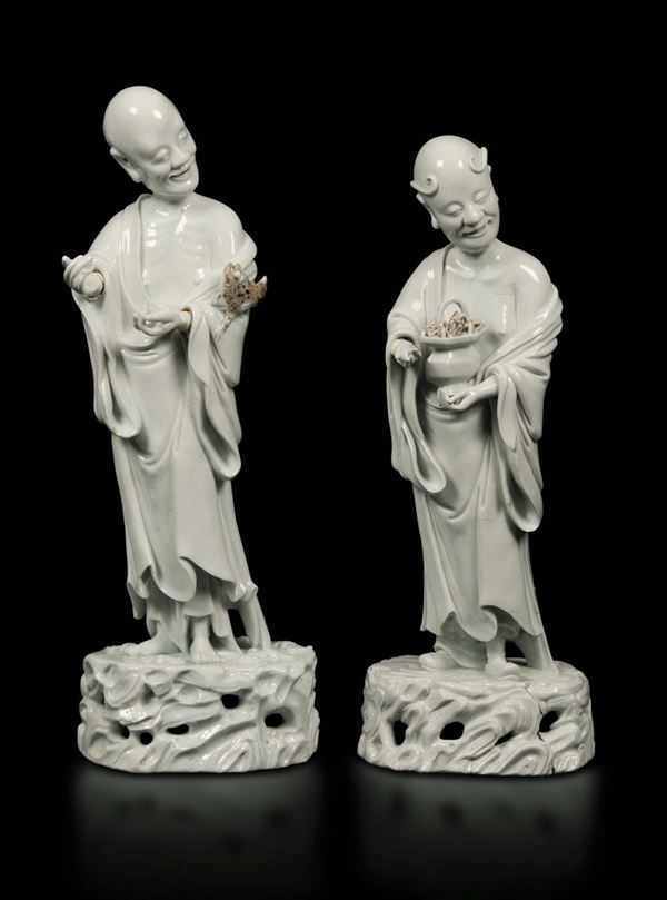 Coppia di figure di Liu Hai in porcellana Blanc de Chine Dehua, Cina, Dinastia Qing, XVIII secolo