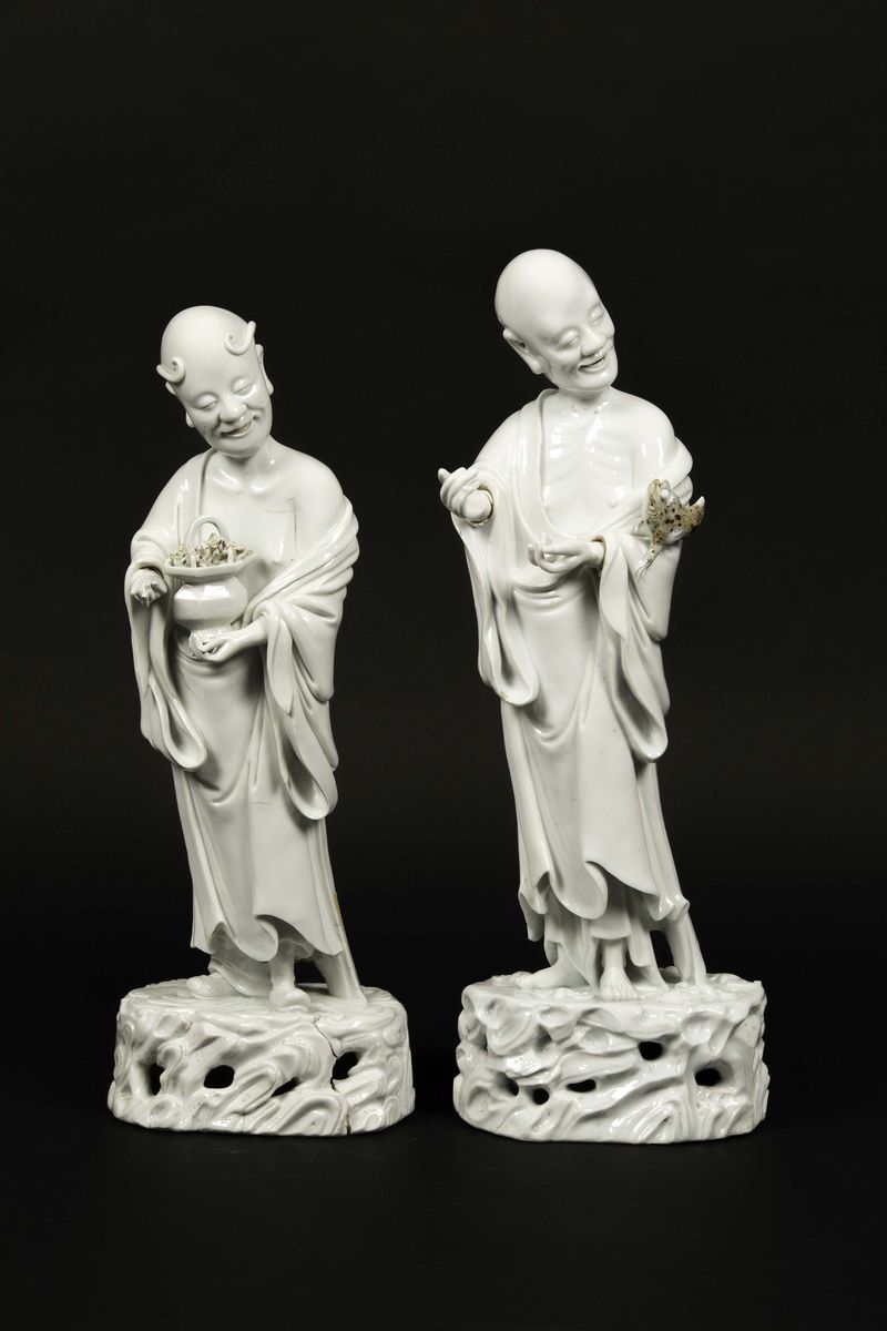 Coppia di Figure di Liu Hai in Porcellana Blanc De Chine Dehua, Cina, Dinastia Qing, XVIII Secolo