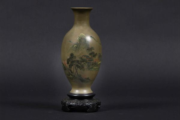 Vaso in lacca con raffigurazione di paesaggio, Cina, Dinastia Qing, epoca Qianlong (1736-1795)