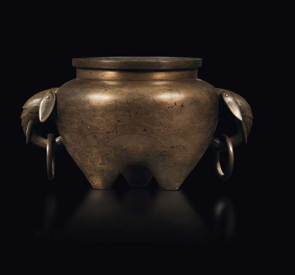A bronze censer with silver inlays and details in the shapes of elephant heads and bats and dragons, China, Qing Dynasty, Qialong period (1736-1795)