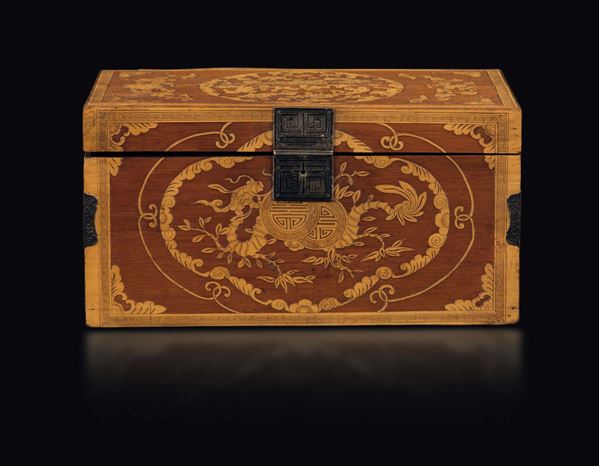 A carved bamboo wood box with a dragon, symbols and naturalistic subjects, China, Qing Dynasty, Jiaqing period (1796-1820)