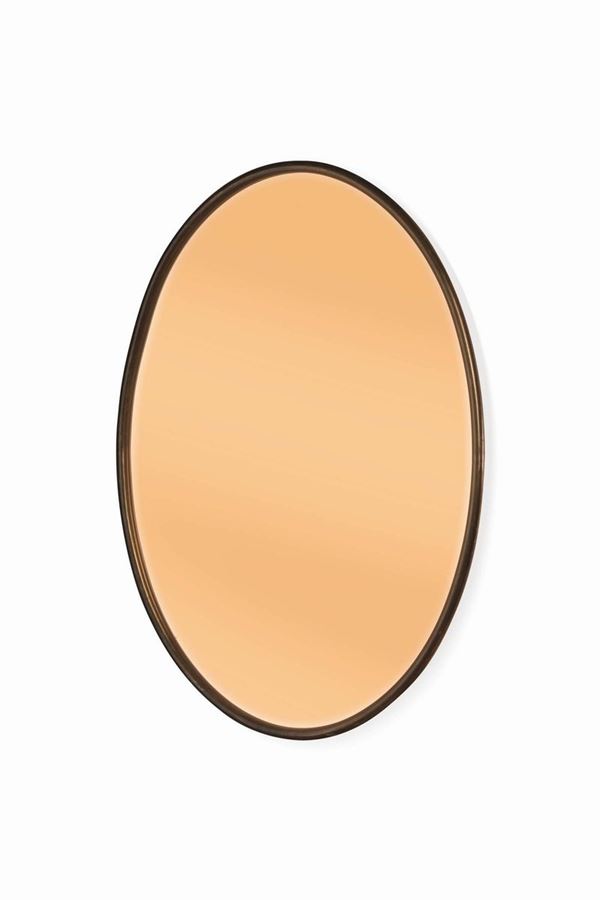 Specchio con vetro colorato, struttura in legno e profilo in ottone.