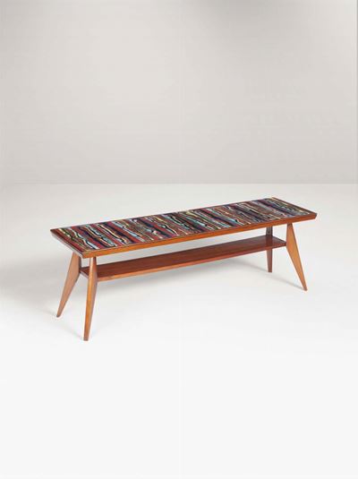 Tavolo Basso con Struttura in Legno e Piano in Rame Smaltato.