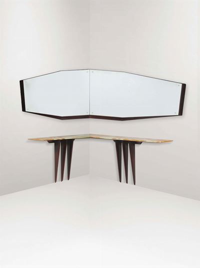Consolle Angolare con Struttura in Legno e Legno Ebanizzato. Piano in Onice. Specchiere in Vetro ...