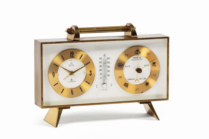 Swiza, gilt brass table clock with barometer and thermometer . Made circa 1960  - Auction Watches and Pocket Watches - Cambi Casa d'Aste