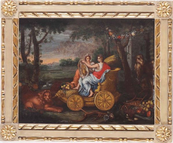 Scuola romana della fine del XVII secolo Scena allegorica con carro e cornucopia