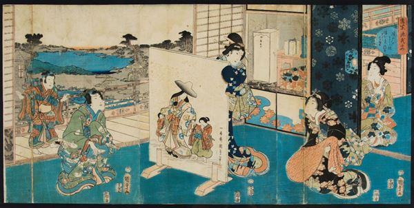 Coppia di stampe raffiguranti l'educazione della Geisha, Giappone, epoca Meiji, XIX secolo