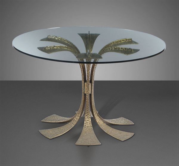 Luciano Frigerio, a table with a hammered bronze structure and a glass top. Frigerio di Desio Prod., Italy, 1960 ca.