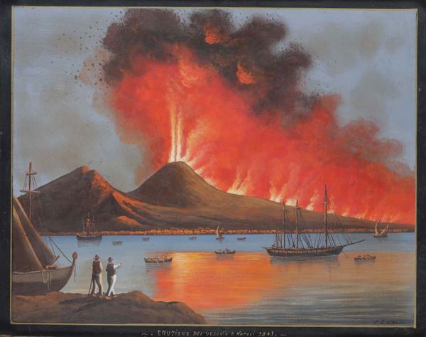 Pittore del XIX-XX secolo Eruzione del Vesuvio a Napoli 1843