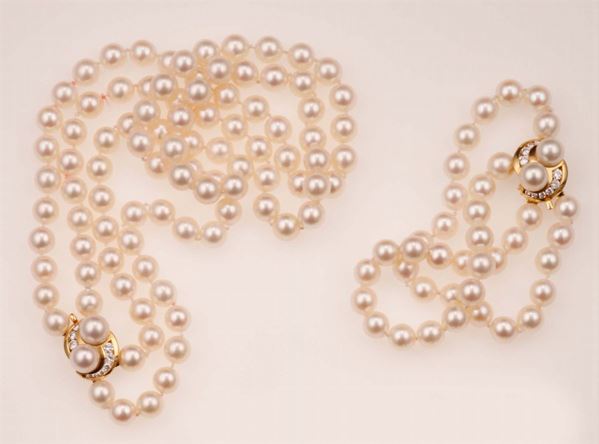 Cultured pearl and diamond demi-parure