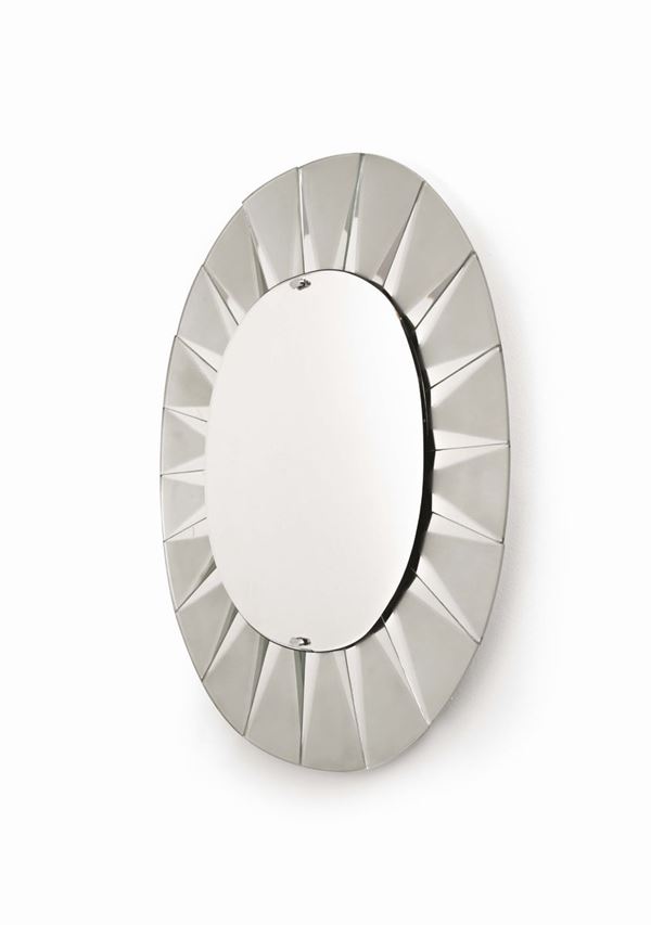 Max Ingrand, a Fontanit mirror with a frame made up by coloured crystal and cut, satinated and silver-plated crystal elements. Fontana Arte Prod., Italy, 1950 ca.