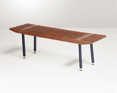 Panca con Struttura in Legno, Ottone e Metallo Laccato.
