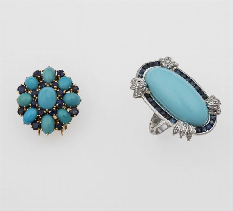 Turquoise, sapphire and diamond ring and turquoise and sapphire brooch  - Auction Fine Jewels - Cambi Casa d'Aste