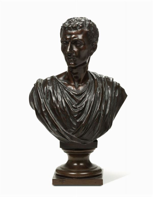 Busto di Cesare in bronzo fuso e patinato, firmato Mathurin Moreau (Francia 1822 - 1912)